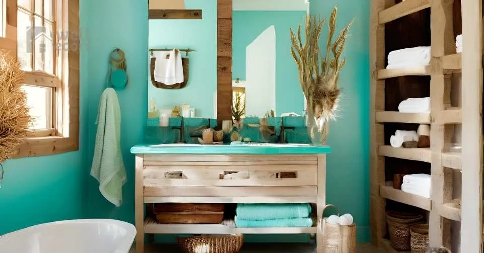 Incorporate turquoise accents, such as towels, bath mats, or decorative jars, to add a refreshing pop of color. The contrast between turquoise and the earthy tones creates a harmonious balance, ev_11zon