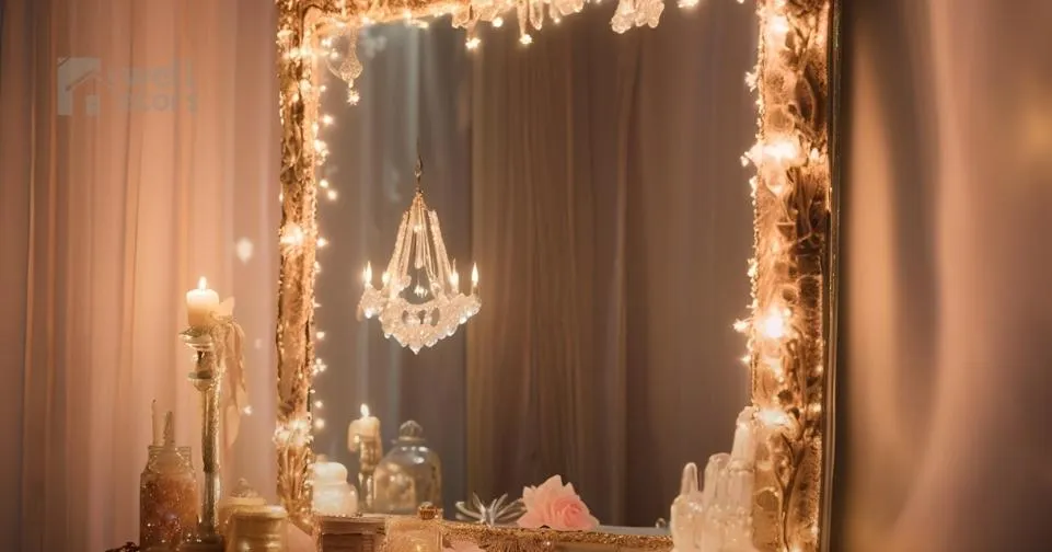 Magical Mirrors An ornate fairy-tale mirror surrounded by soft lighting, reflecting a sparkling, enchanted atmosphere with vintage trinkets nearby._11zon