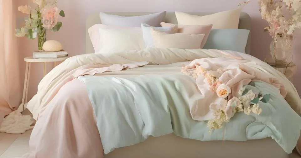 Pastel Color Palette A bedroom painted in soft pastels with coordinated bedding, light floral decor, and airy, calming tones that create a tranquil space._11zon