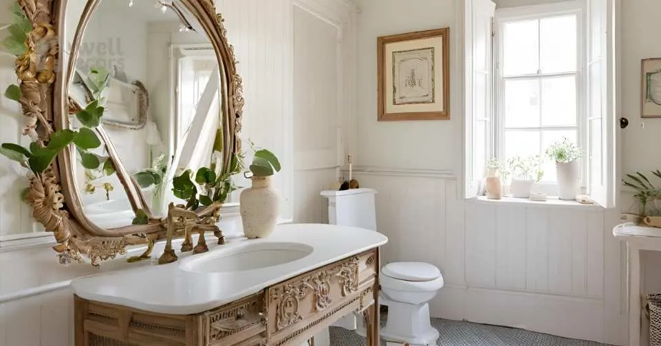 Period Mirrors A vintage-style bathroom featuring an ornate period mirror, soft white walls, and antique accents for a timeless, charming atmosphere._11zon