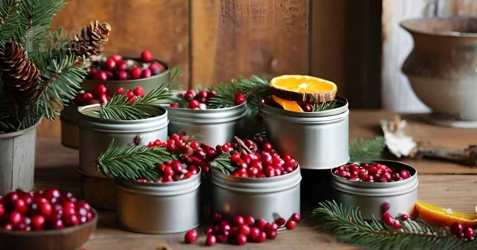 Repurposed Vintage Tins Old colorful tins stacked with pine branches, cranberries, and dried orange slices. Vibe Vintage, upcycled, creative._14_11zon