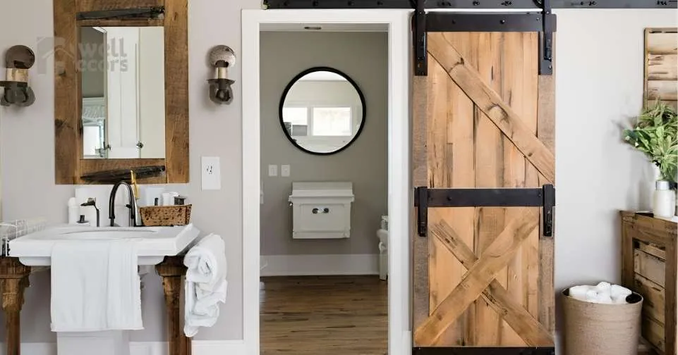 Barn Doors A sliding barn door made of wood and metal, adding rustic charm to a bathroom with wooden floors and vintage fixtures._11zon