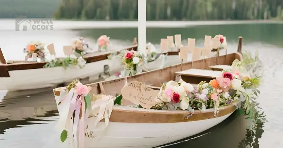 Vintage Boat Escort Card Display A vintage wooden boat on the lake transformed into an escort card display, adorned with flowers and ribbons.