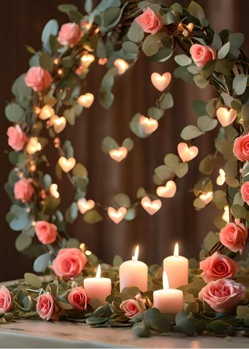 Elegant heart shaped wreaths with roses and eucalyptus for a romantic Valentine’s touch