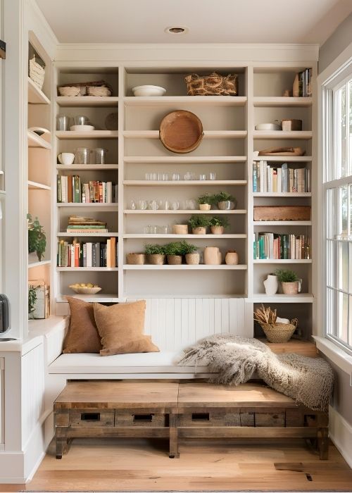 Farmhouse Kitchen With A Cozy Reading Nook Featuring A Built In Bookshelf And A Plush Sofa For The Perfect Rustic Retreat Copy