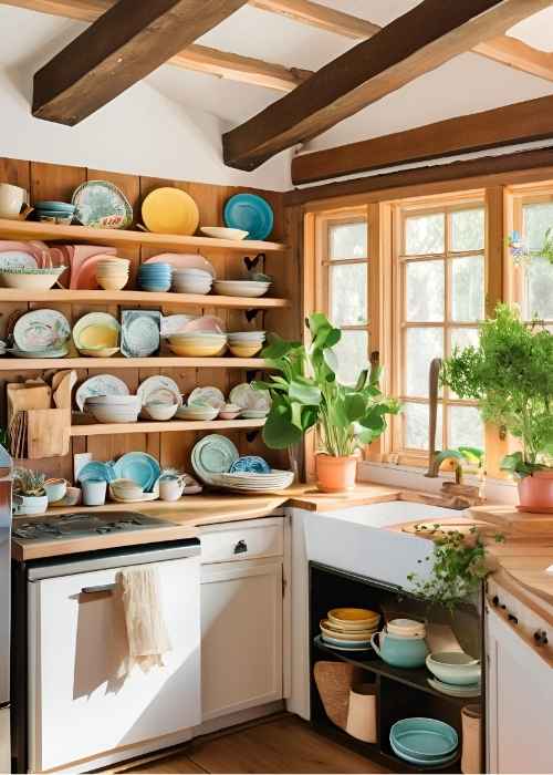 Farmhouse Kitchen With Open Shelving Displaying Vintage Dishware Plants And Cookbooks