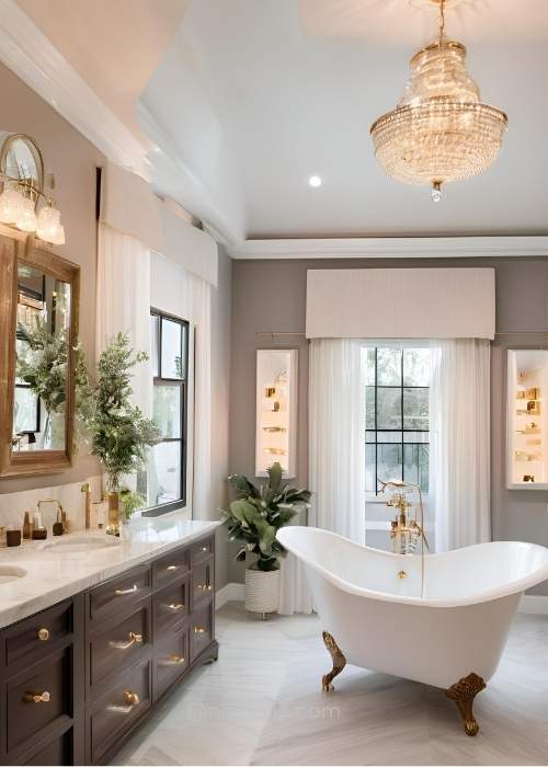 Luxurious Master Bathroom With A Freestanding Clawfoot Bathtub Surrounded By Elegant Decor And Soft Lighting