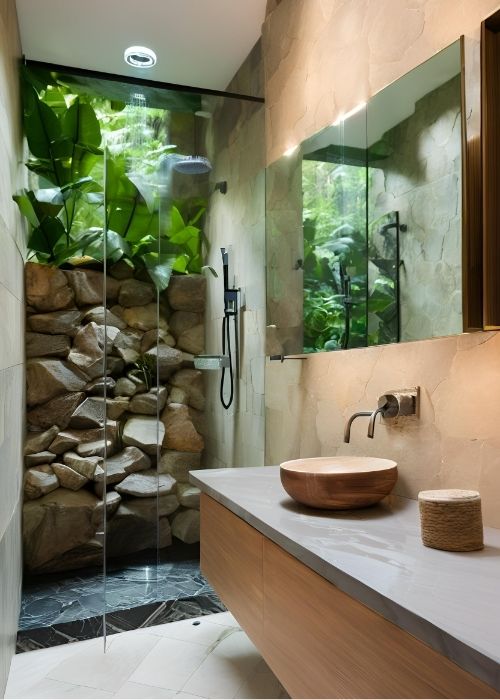 Wet Room Bathroom With Natural Stone Walls And A Rainforest Showerhead For A Luxury Experience