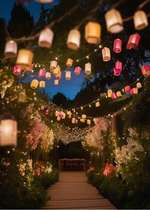 Lanterns filled with fairy lights or candles for a soft romantic glow