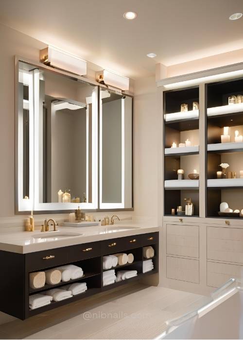 Organized Master Bathroom With Sleek Built In Shelves And Recessed Niches Keeping Essentials Tidy And Stylish