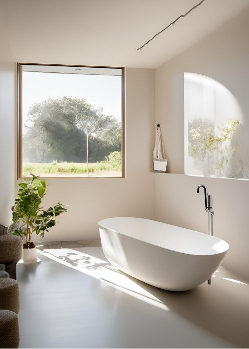 Wet Room Bathroom With A Freestanding Bathtub As The Focal Point Surrounded By Minimalistic Decor