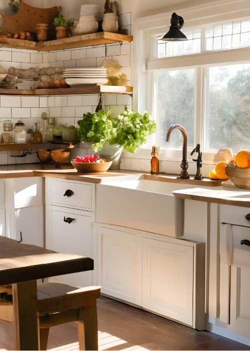 Farmhouse Kitchen With A White Subway Tile Backsplash And Dark Grout