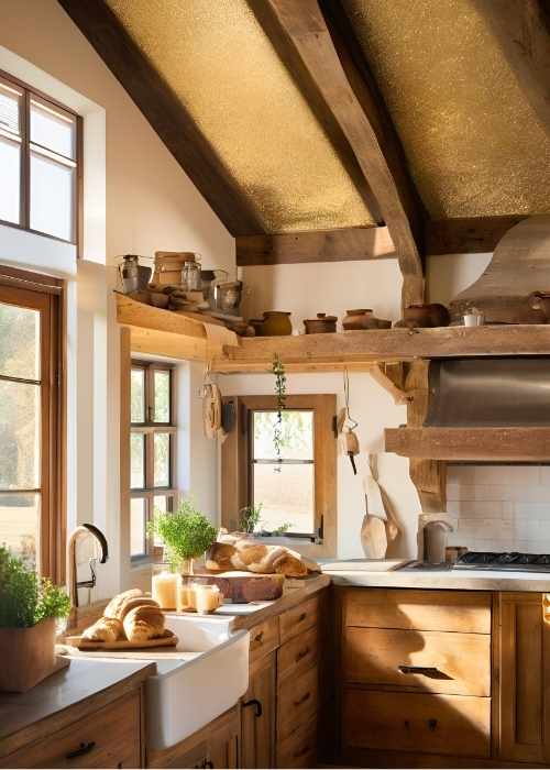 Farmhouse Kitchen With Reclaimed Wood Beams In The Ceiling