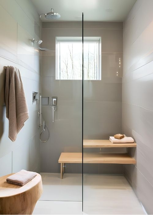 Wet Room Bathroom With A Built In Shower Bench For Added Comfort And Relaxation