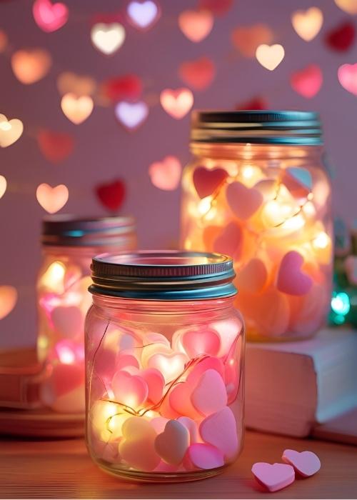 Charming mason jars with candy hearts and LED lights for versatile decor