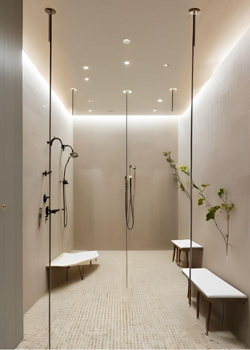 Wet Room Bathroom With Dual Showerheads Offering Both Rainfall And Handheld Shower Options