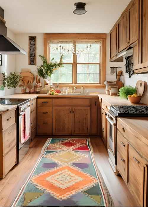 Farmhouse Kitchen With A Checkered Rug Adding A Pop Of Pattern