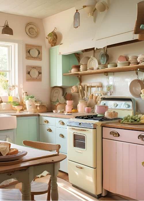 Farmhouse Kitchen With Pastel Colored Vintage Appliances