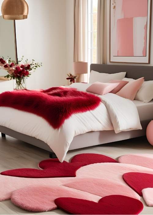 Plush red or pink rugs to add warmth and Valentine’s colors to your space