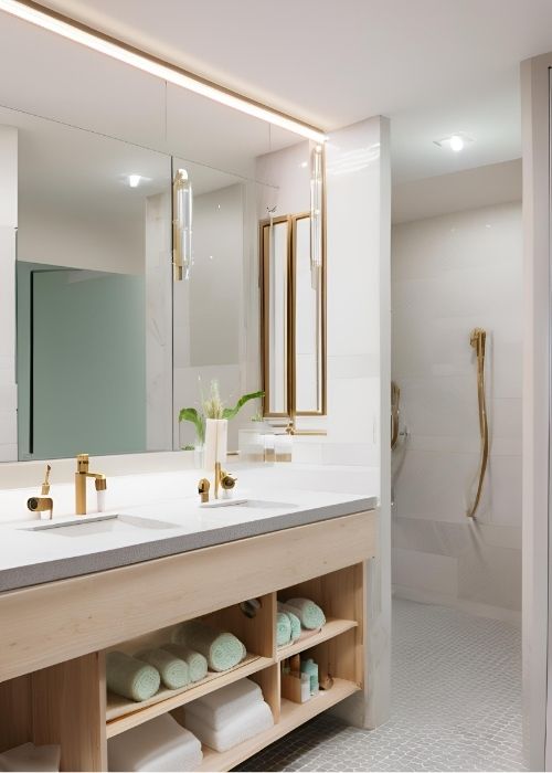 Wet Room Bathroom With A Built In Vanity Area For Skincare And Beauty Products In A Cohesive Design