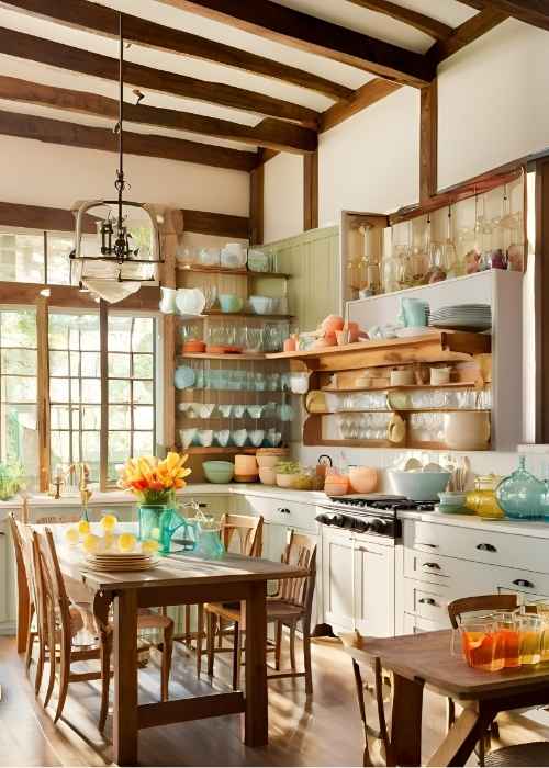 Farmhouse Kitchen With Glass Front Cabinets Displaying Glassware And Dishware