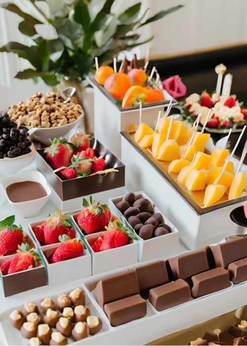 A delightful chocolate fondue station with fruit and treats for a fun interactive decoration