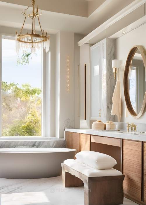 Elegant Master Bathroom With A Plush Bench Or Stylish Stool Offering Comfort And Practicality