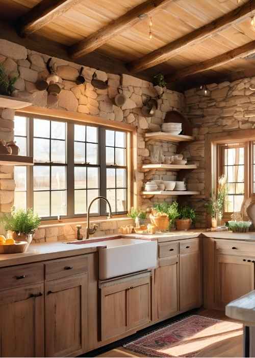 Farmhouse Kitchen With A Stone Or Brick Backsplash