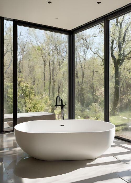 Wet Room Bathroom With A Freestanding Tub Positioned In Front Of Large Windows For An Open Outdoor View