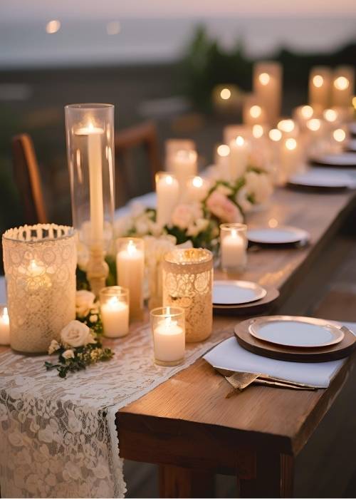 Elegant lace table runner paired with candles and flowers for a vintage romantic vibe