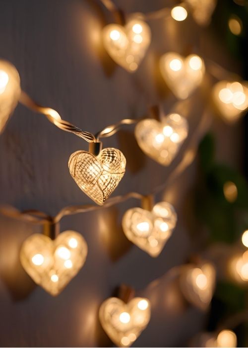 Soft string lights featuring heart accents for a cozy love filled ambiance