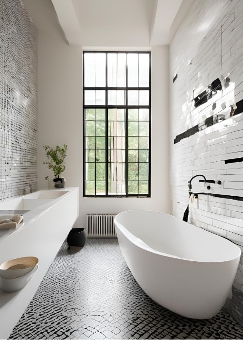 Wet Room Bathroom Featuring Sleek Black And White Tiles A Freestanding Tub And Minimalist Fixtures