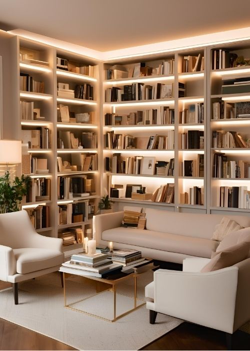 Sleek Home Library With Minimalist Floating Bookshelves Neutral Tones And A Clutter Free Aesthetic Copy