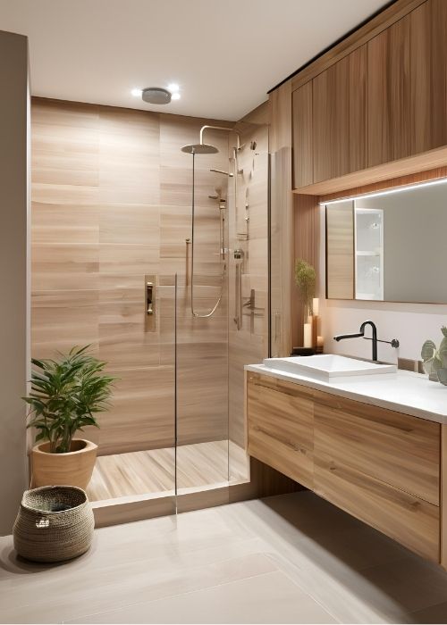 Wet Room Bathroom With Wood Cabinetry And Wood Look Tiles Paired With A Walk In Shower