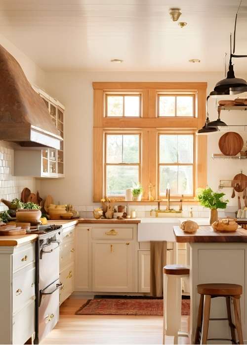 Farmhouse Kitchen With Warm Wooden Butcher Block Countertops And Neutral Cabinetry