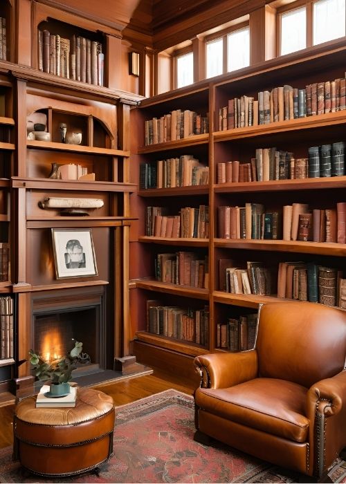 Vintage Inspired Home Library Featuring Rich Leather Seating Antique Bookshelves And Warm Wooden Accents Copy