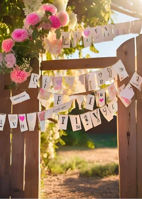 Whimsical garland with DIY love letters spelling romantic messages