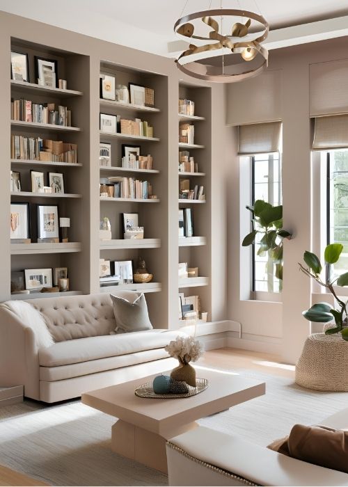 Contemporary Home Library With Neutral Tones Statement Artwork And Chic Built In Shelving Copy