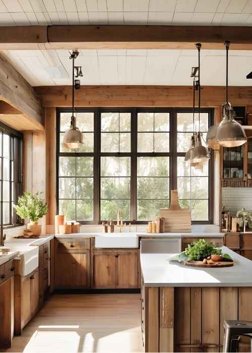 Farmhouse Kitchen With Industrial Pendant Lights Hanging Above The Island