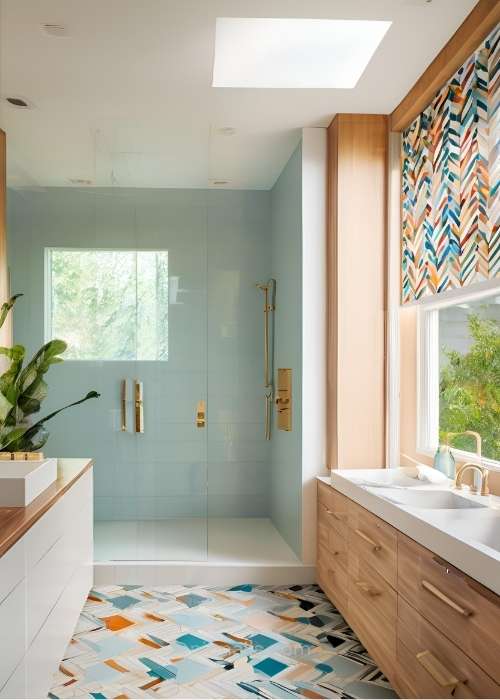 Master Bathroom Highlighting Bold Geometric Tiles Creating A Striking And Modern Visual Statement