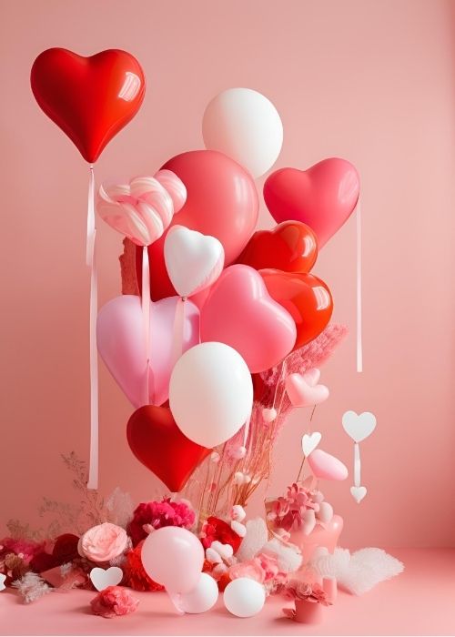 Vibrant balloon bouquets in red pink and white for festive Valentine’s decor