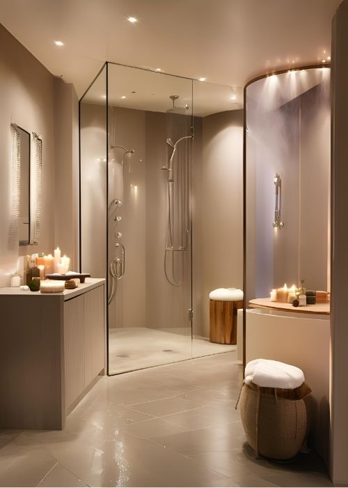 Wet Room Bathroom With A Steam Shower Fog Free Mirrors And Adjustable Lighting For A Spa Feel