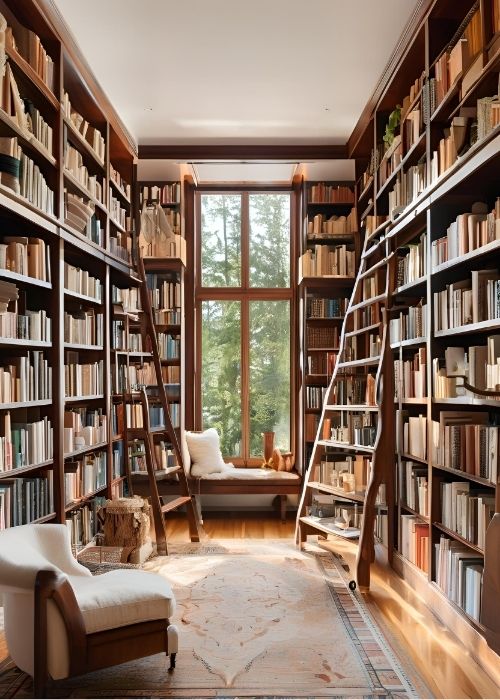 Elegant Home Library With Floor To Ceiling Open Shelves A Rolling Ladder And A Cozy Reading Nook