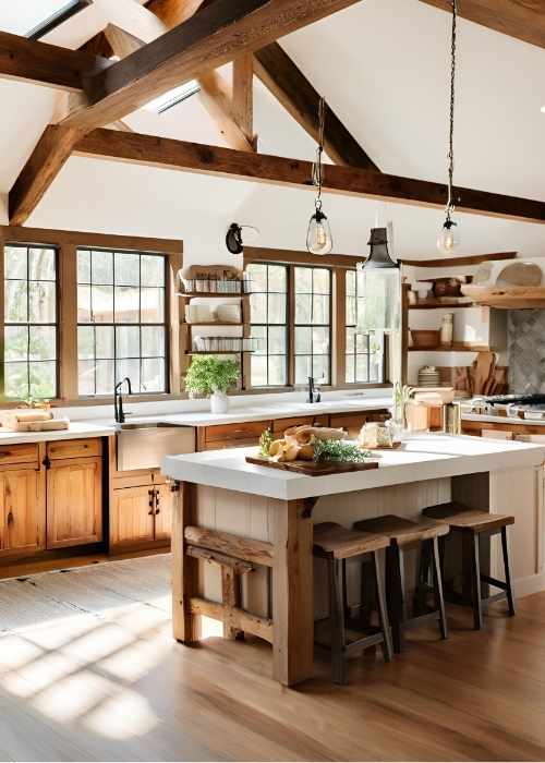 Farmhouse Kitchen With White Upper Cabinets And Natural Wood Lower Cabinets