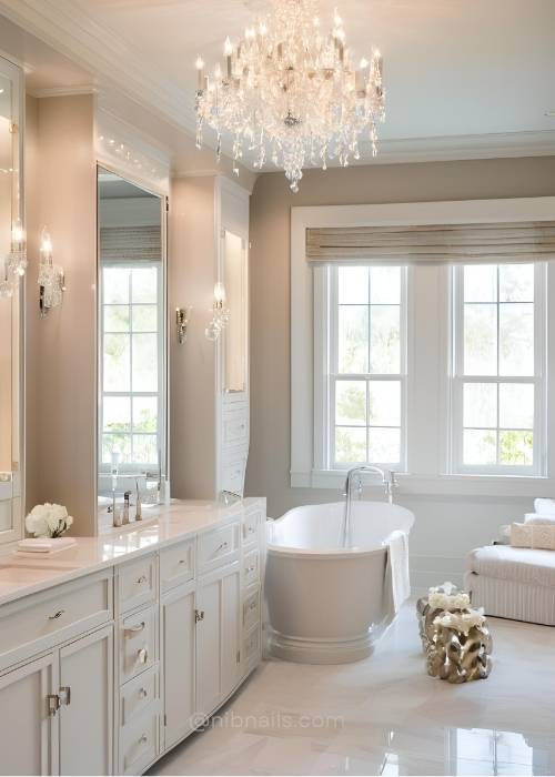 Stunning Master Bathroom With A Crystal Chandelier And Elegant Sconces Casting A Soft Inviting Glow