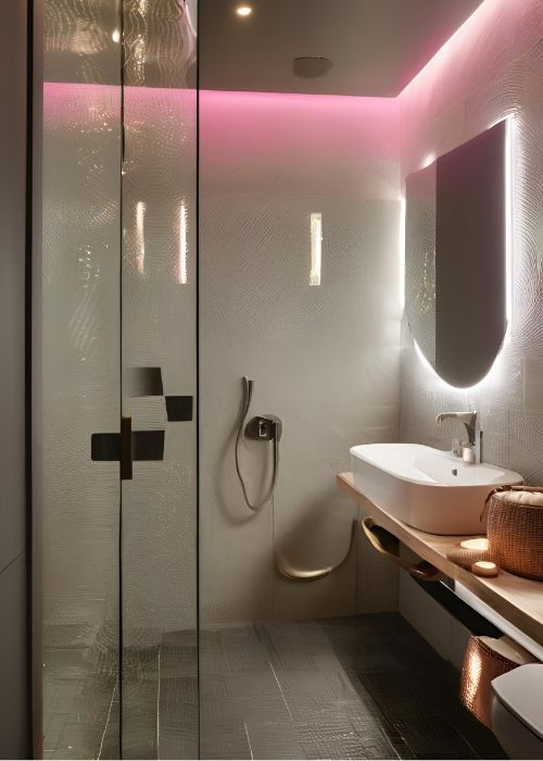 Wet Room Bathroom Featuring Textured Tiles And Mood Lighting To Enhance The Luxurious Vibe