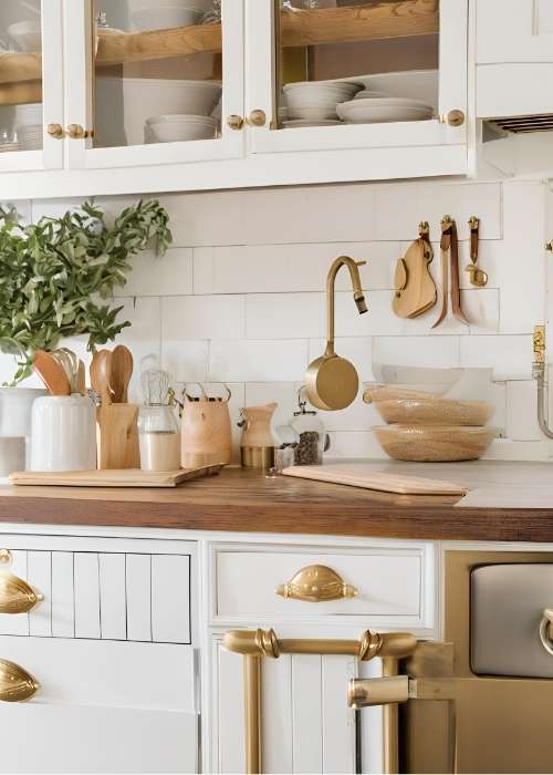 Farmhouse Kitchen With Brass Vintage Inspired Hardware On Cabinets