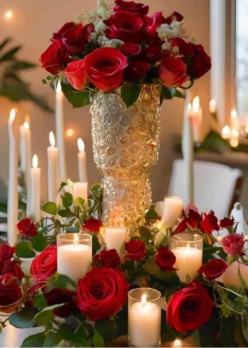 Gorgeous floral arrangements with red roses and mixed blooms for a classic Valentine’s centerpiece