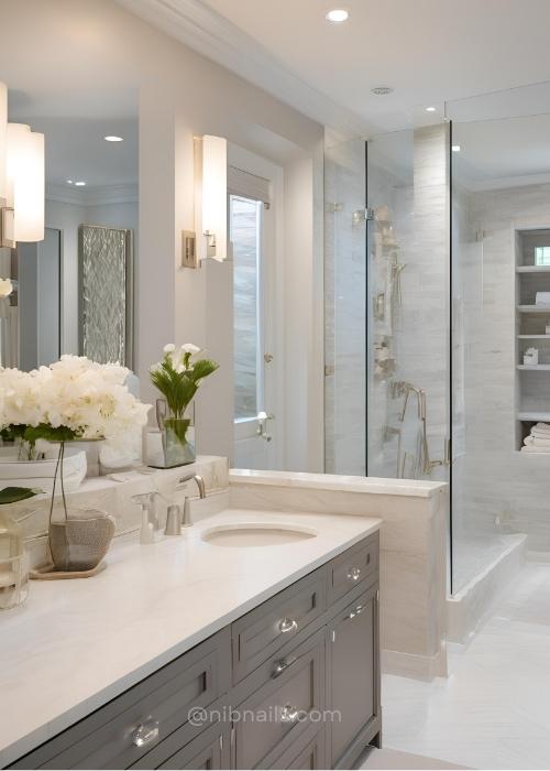 Serene Master Bathroom With A Neutral Palette Of Whites And Grays Featuring Textured Elements For Depth