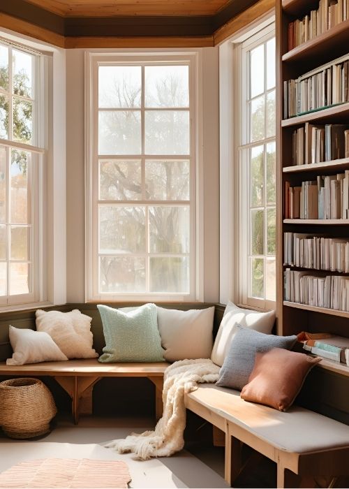 Snug Home Library Corner With Soft Pillows Layered Throws And A Window Side Reading Bench